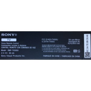 CONTROL REMOTO ORIGINAL NUEVO CON COMANDO DE VOZ PARA SMART TV SONY / RMF-TX500U / P19062-C02 / Q19D0518893A / MG3-TX500U / 2575A-TX500U / MODELOS XBR55A9G / XBR55X850G / XBR55X950G / XBR55X950G / MAS MODELOS EN DESCRIPCION 